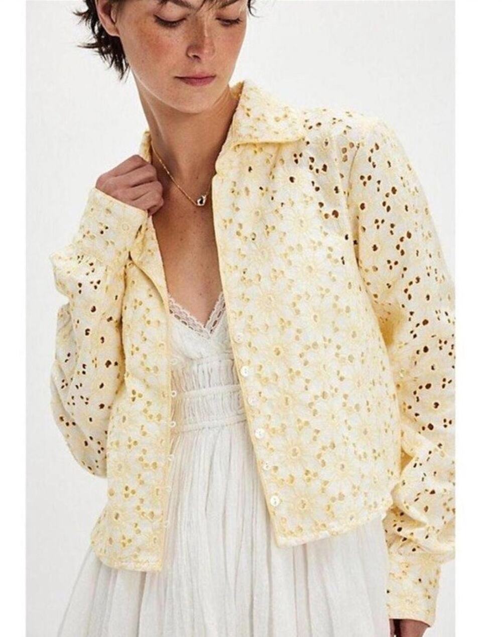 Free People Yellow White Dream A Little Dream Embroidered Eyelet Blouse Top XS